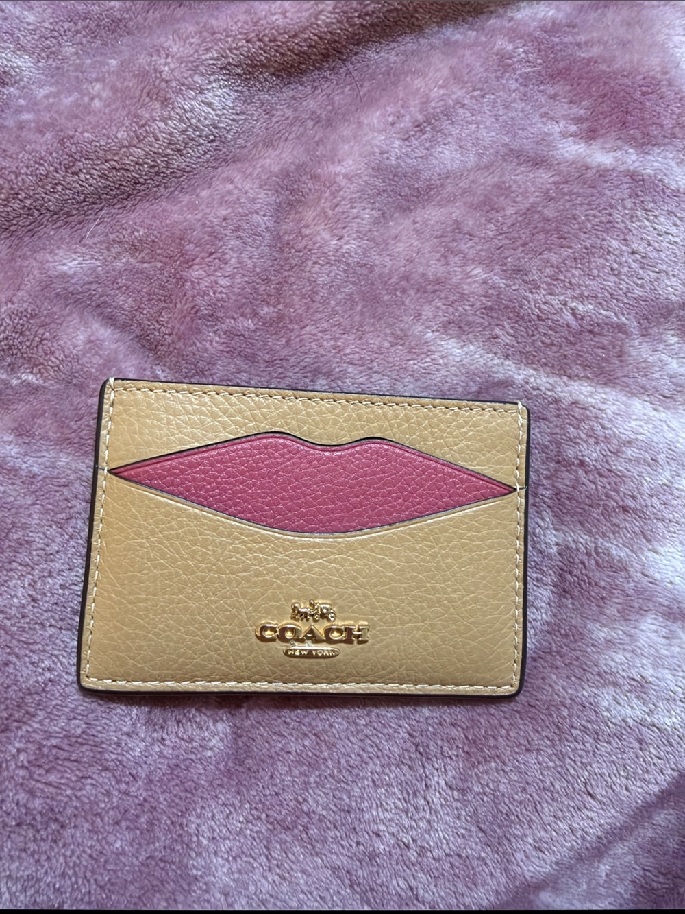 Coach Tan Leather Card Holder with Pink Lip Accent